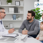 Familia en consulta médica contratando un seguro de salud privado en Mallorca con Servibroker
