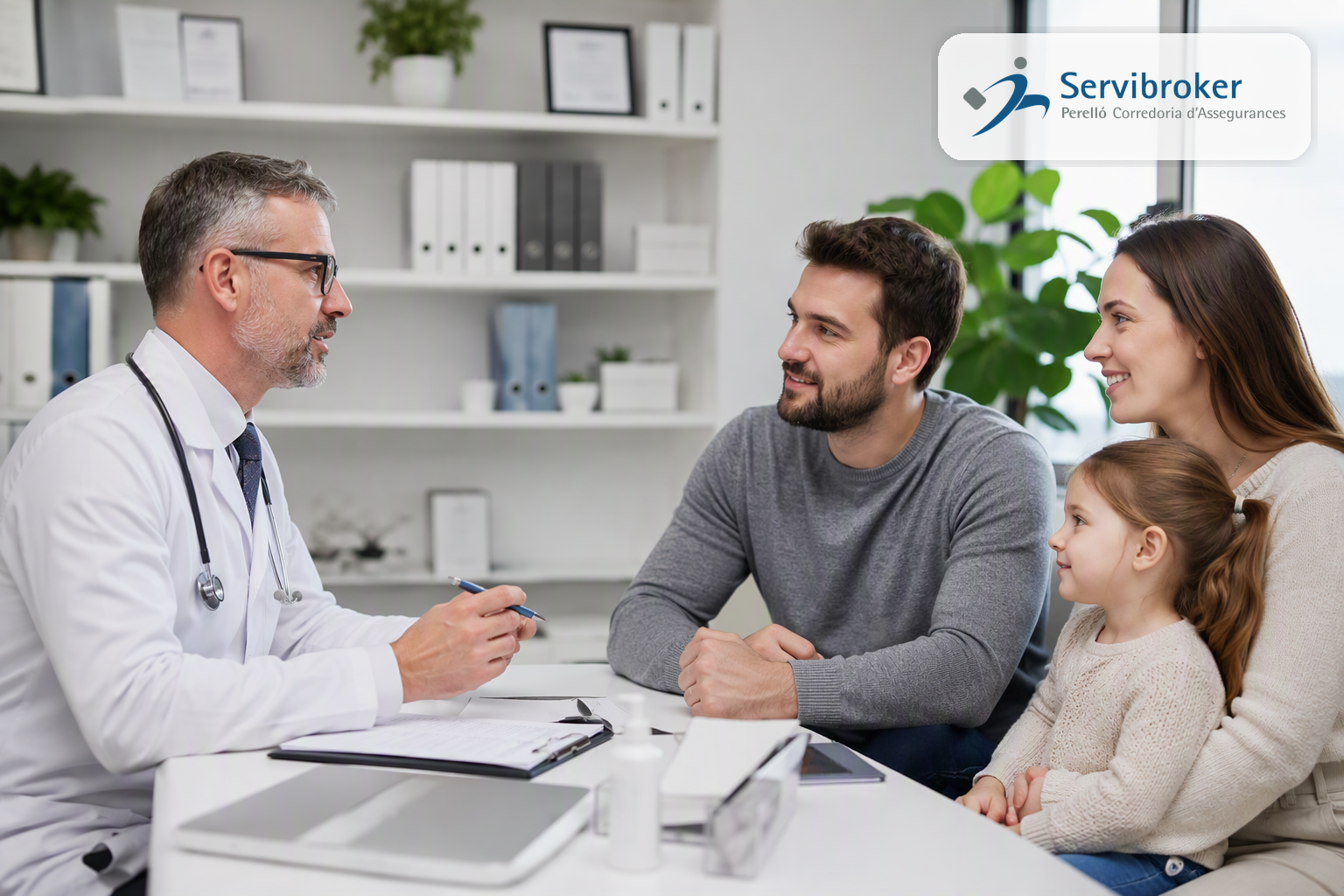 Familia en consulta médica contratando un seguro de salud privado en Mallorca con Servibroker